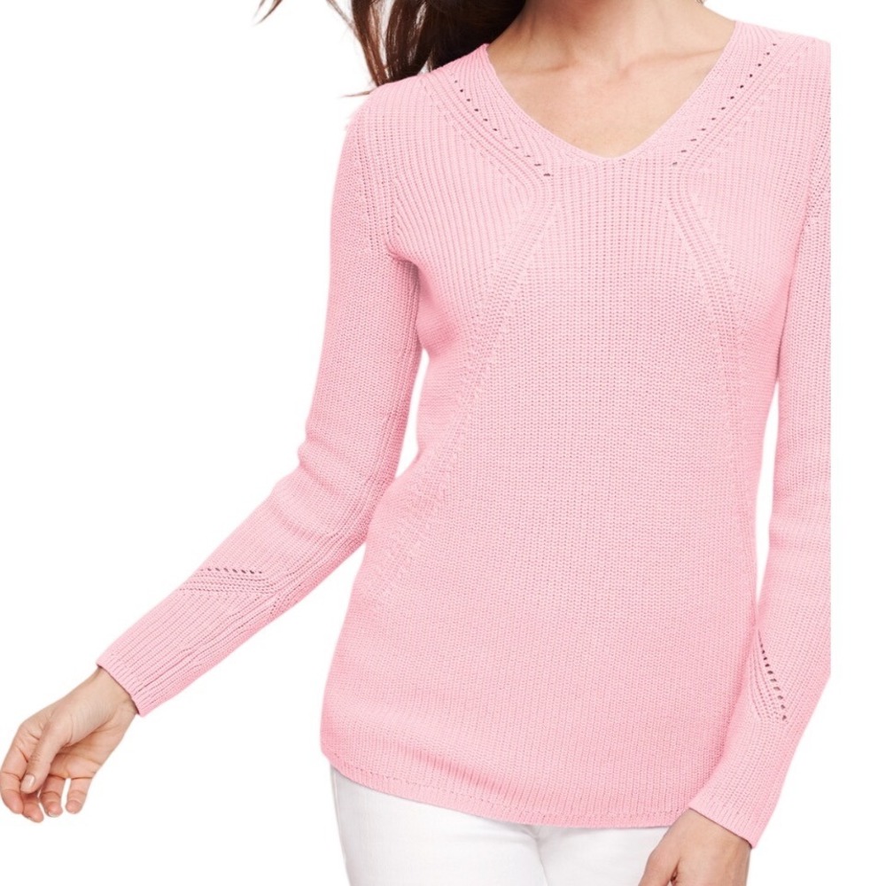 NWT Talbots Pima Cotton V-Neck Shaker‎ Stitch Pullover Sweater Pink Size Large